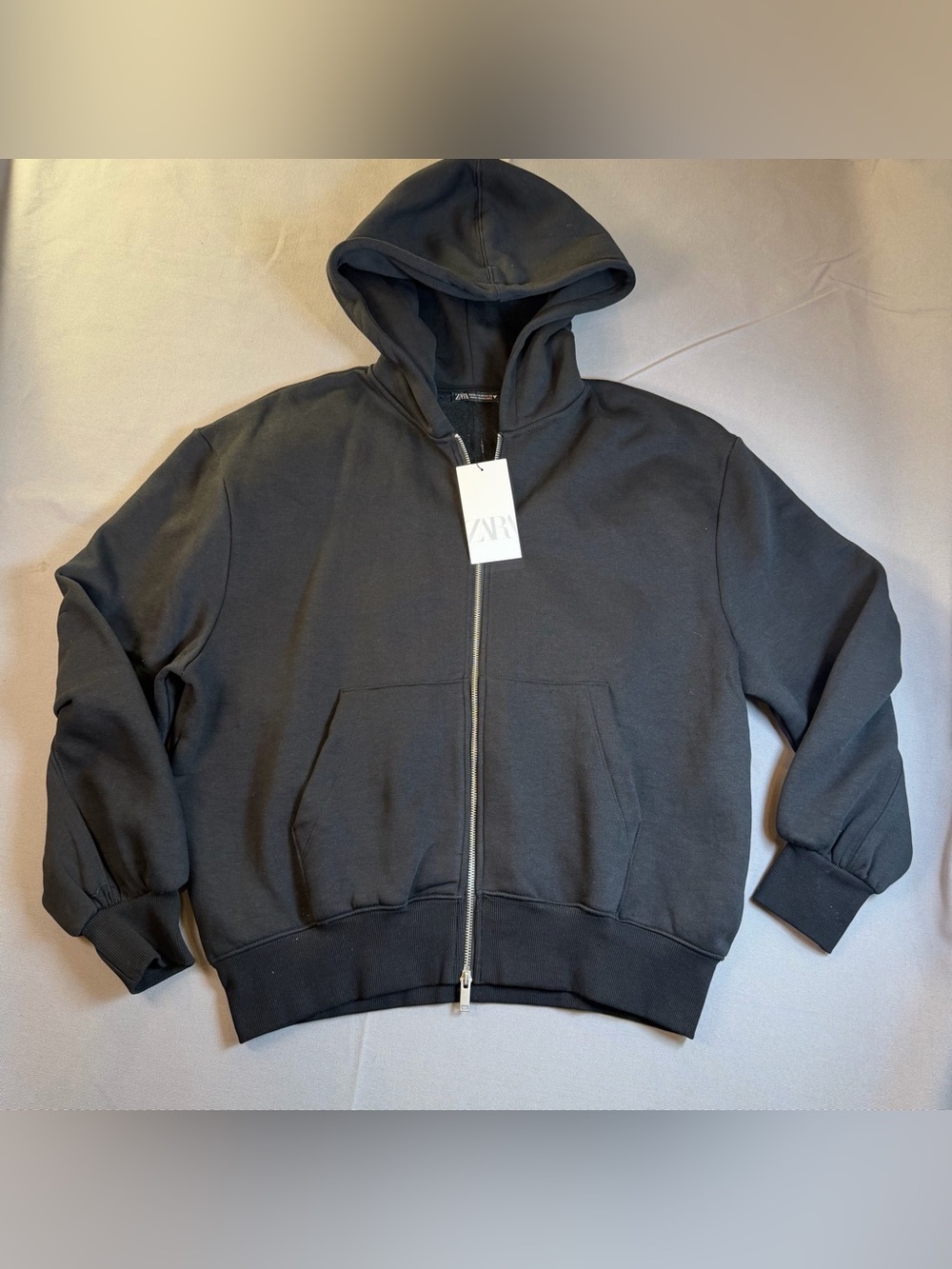 ZARA Women’s szL Oversized Heavyweight Black Full-Zip Hooded Sweatshirt Jacket